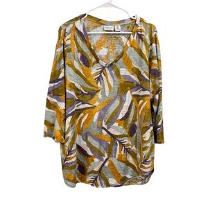 Rachel Zoe Size 2X 100% Linen Tropical  Floral Foliage Beach Boho Loose T Shirt